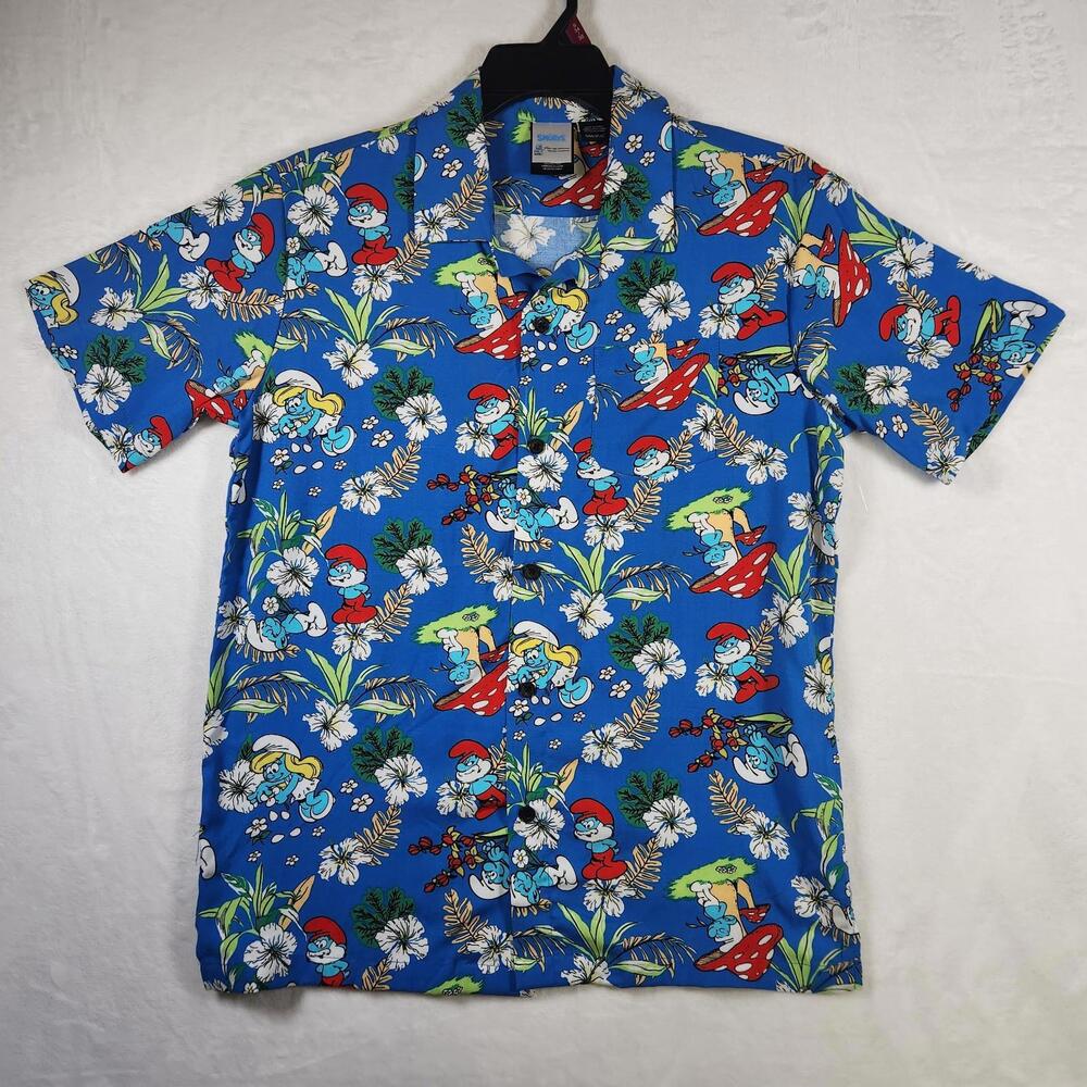Smurfs Hawaiian Shirt Size S Blue Floral Cartoon Aloha Button Up‎ New
